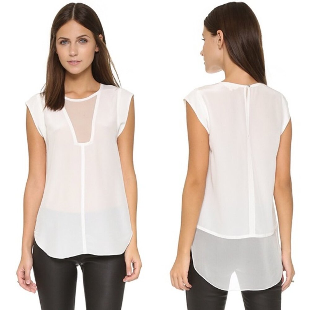 Rebecca Taylor Charlie Sheer Panel 100% Silk Top Blouse Ivory‎ Women's Sz 2 B23